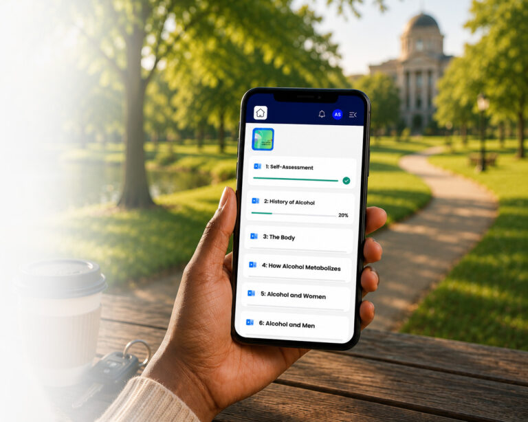 Student completing a self-paced online court class on a smartphone in a park with a courthouse in the background.
